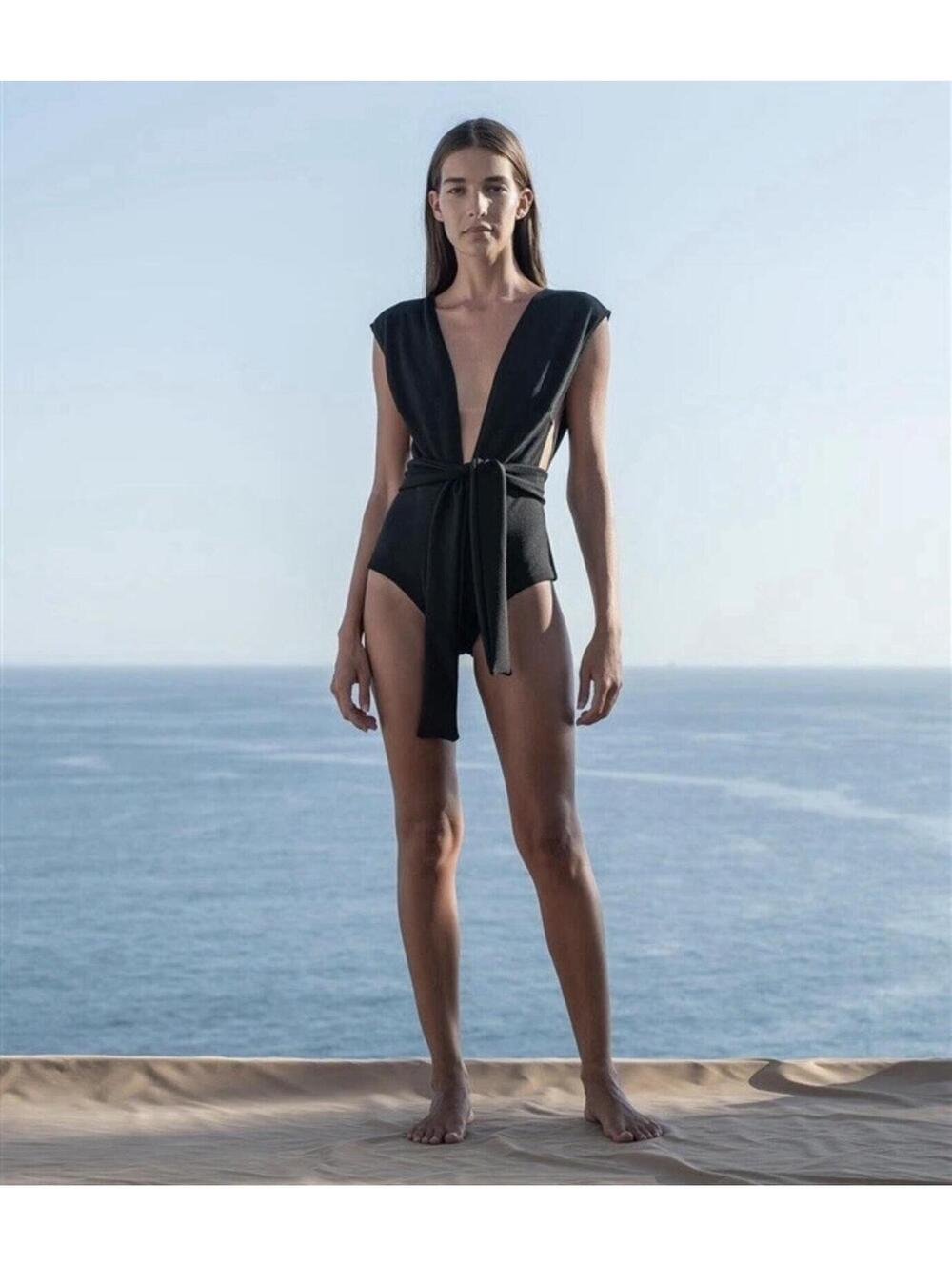 NWT Haight L Crepe DEEP V Black 1Pc Swimsuit  No Belt